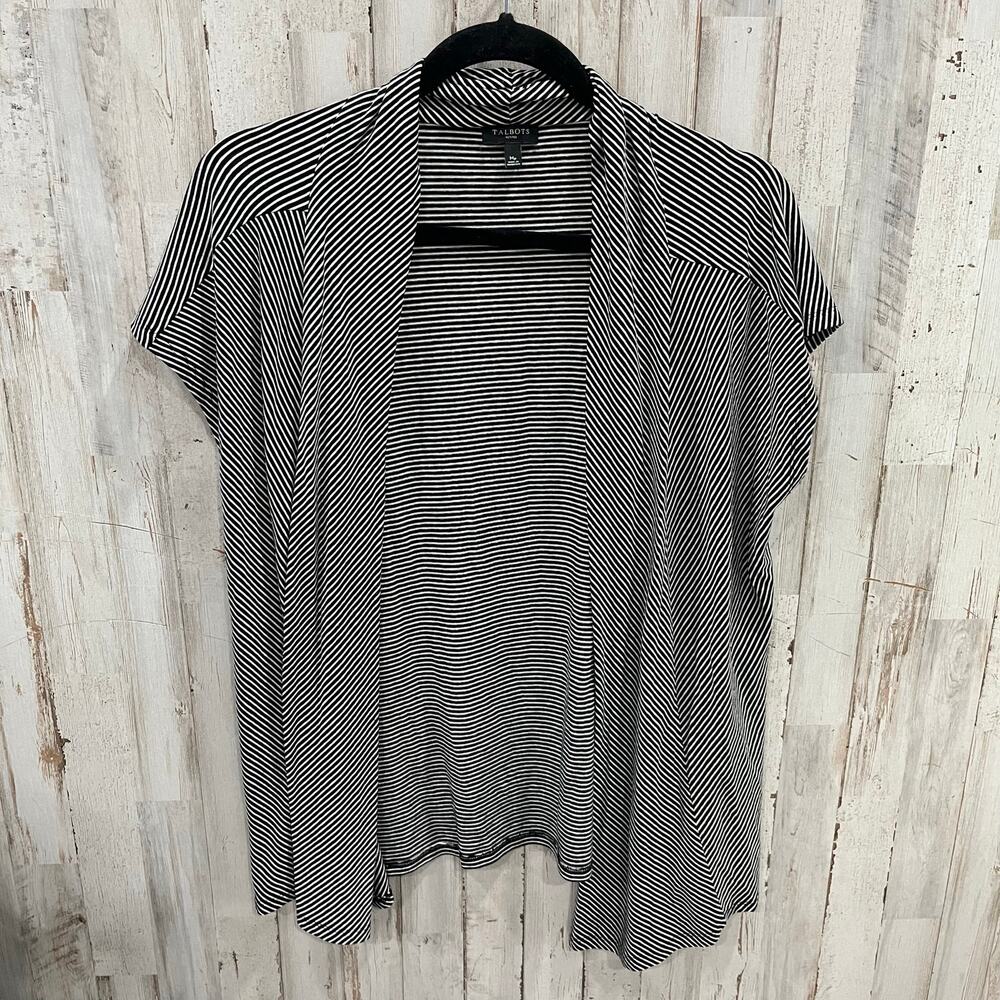 Talbots Black White Stripe Open Front Short Sleeve Cardigan Womens Medium Petite